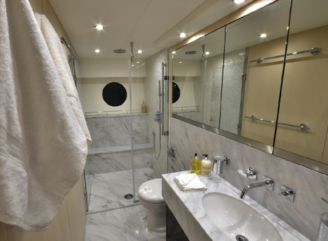 All about the ensuite: Each of the 4-cabins onboard the 75 Yacht has its own ensuite bathroom