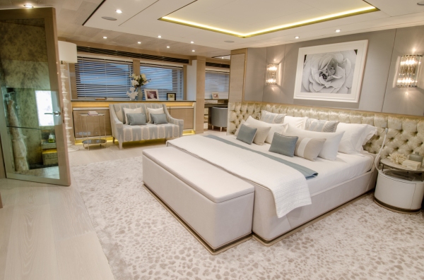 "THUMPER's" stunningly sumptuous Master Stateroom features luxurious bespoke upholstery, fabrics and an expansive sunken bathroom 